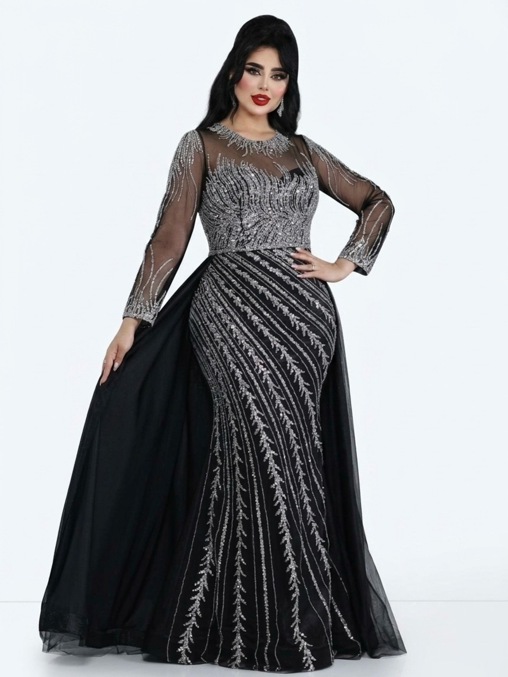 Oscar Tekstil Evening Gown Black Sz 46/ US 12-14 Sequin Embellished Formal Dress